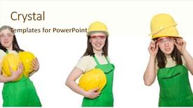  Presentation with worker - Colorful presentation design enhanced with tuta - female worker wearing coverall isolated backdrop and a cream colored foreground