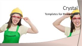  Presentation with worker - Colorful presentation theme enhanced with tuta - female worker wearing coverall isolated backdrop and a cream colored foreground