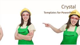 Presentation with worker - Presentation consisting of tuta - female worker wearing coverall isolated background and a cream colored foreground