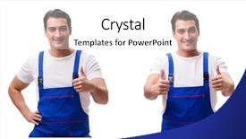 Presentation with blue - Cool new slide deck with tuta - handsome repairman wearing blue coveralls backdrop and a cream colored foreground