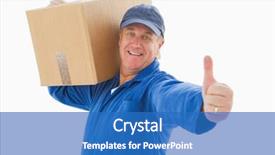  Presentation with man looking up happy - Presentation theme with tuta - happy delivery man holding cardboard background and a teal colored foreground