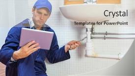  Presentation with public - Amazing PPT layouts having tuta - serious plumber consulting tablet backdrop and a lemonade colored foreground