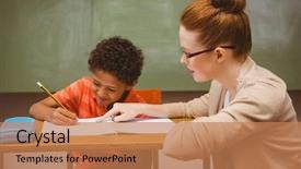  Presentation with homework - PPT theme having tutor - portrait of teacher assisting little background and a coral colored foreground