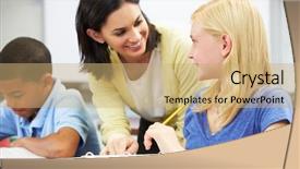  Presentation with helping - PPT theme having tutor - teacher helping pupils studying background and a coral colored foreground