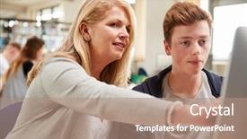  Presentation with teacher - PPT theme featuring tutor - teacher with male student working background and a coral colored foreground