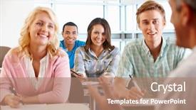  Presentation with students walking to class - Amazing PPT theme having tutor with class of students backdrop and a  colored foreground