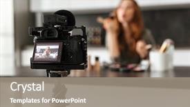  Presentation with new home - Audience pleasing PPT theme consisting of tutorial - attractive healthy young girl recording backdrop and a gray colored foreground