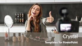  Presentation with blog - Colorful PPT theme enhanced with tutorial - smiling young girl recording her backdrop and a gray colored foreground