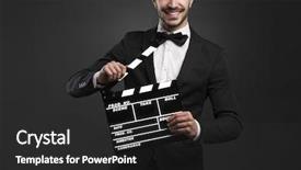  Presentation with clapboard - Amazing slide deck having tuxedo and holding a clapboard backdrop and a dark gray colored foreground