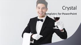  Presentation with waiter - Cool new slide deck with tuxedo holding glass of red backdrop and a  colored foreground
