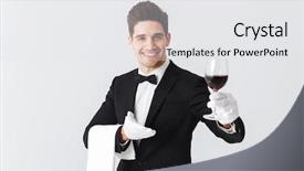  Presentation with waiter - Slide set with tuxedo holding glass of red background and a  colored foreground
