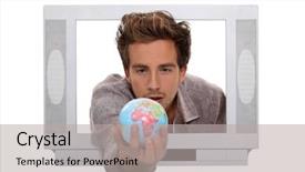  Presentation with television - Beautiful PPT theme featuring tv ads - man inside television holding globe backdrop and a light gray colored foreground