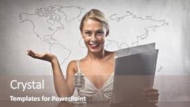  Presentation with announcing - Slide deck enhanced with tv ads - smiling beautiful anchorwoman announcing background and a coral colored foreground