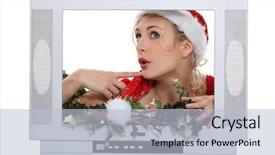  Presentation with christmas new year frame banner - Slides consisting of tv ads - woman with christmas hat behind background and a light blue colored foreground