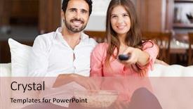  Presentation with eating - PPT theme having tv and eating pop-corn background and a coral colored foreground