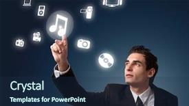  Presentation with music business - Slide set with tv camera - business man pressing a music background and a navy blue colored foreground