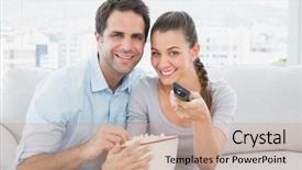  Presentation with living room - Slide deck enhanced with tv camera - smiling couple watching tv background and a coral colored foreground