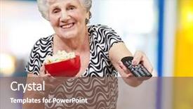  Presentation with man looking up happy - Slides with tv channels - portrait of happy senior woman background and a violet colored foreground