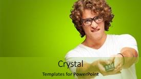  Presentation with elegant man in glasses optics - Slide deck having tv channels - portrait of young man background and a  colored foreground