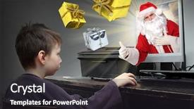  Presentation with gifts - Colorful slide set enhanced with children tv - happy boy buying christmas gifts backdrop and a dark gray colored foreground