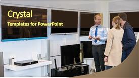  Presentation with electronics - Amazing PPT theme having commercial television - mature assistant showing flat screen backdrop and a violet colored foreground