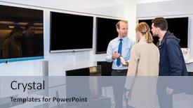  Presentation with television - Theme enhanced with salesman showing flat screen television background and a light blue colored foreground