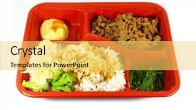  Presentation with dinner - Audience pleasing PPT theme consisting of tv dinner set with beef rice and vegetables backdrop and a yellow colored foreground