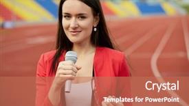  Presentation with journalist - Presentation with tv journalism - young smiling woman journalist reports background and a coral colored foreground