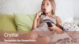  Presentation with junk food - Beautiful presentation design featuring tv junk food - 7 years old child watching backdrop and a coral colored foreground