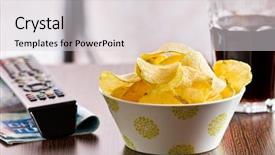  Presentation with food potato chips crisps snacks - Beautiful slide deck featuring tv junk food - crispy potato chips and remote backdrop and a light gray colored foreground
