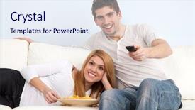  Presentation with junk food - PPT theme featuring tv junk food - young couple watching tv background and a sky blue colored foreground