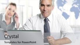  Presentation with communication - PPT theme with tv news globe - businessman senior expertise teamwork world background and a light gray colored foreground