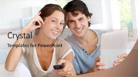  Presentation with cheerful - Presentation enhanced with tv programs - cheerful couple choosing tv program background and a coral colored foreground