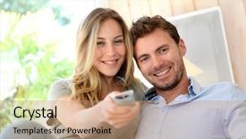  Presentation with comic couple - Slide deck consisting of tv programs - couple in sofa watching tv background and a coral colored foreground