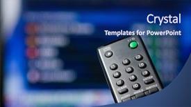 Presentation with remote - Audience pleasing presentation theme consisting of tv programs - hand holding a remote control backdrop and a navy blue colored foreground