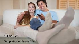  Presentation with television viewers - PPT theme consisting of tv programs - relaxed young couple watching television background and a light gray colored foreground