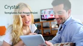  Presentation with pricing program - Audience pleasing presentation theme consisting of tv programs - young couple choosing tv program backdrop and a sky blue colored foreground