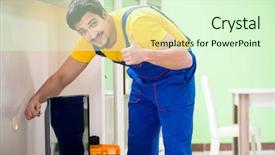  Presentation with professional - Amazing PPT layouts having tv repair - male professional serviceman repairing tv backdrop and a  colored foreground