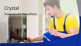  Presentation with professional development of teachers - PPT theme with tv repair - male professional serviceman repairing tv background and a  colored foreground