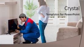  Presentation with home - Slide deck having tv repair - repairman repairing tv at home background and a light gray colored foreground