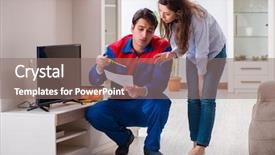  Presentation with home - Colorful PPT theme enhanced with tv repair - repairman repairing tv at home backdrop and a  colored foreground