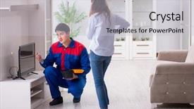  Presentation with smart home automation engineering - Presentation consisting of tv repair - tv repairman technician repairing tv background and a  colored foreground