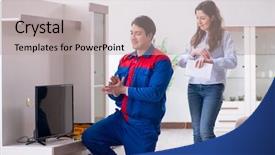  Presentation with home textiles - PPT theme consisting of tv repair - tv repairman technician repairing tv background and a  colored foreground