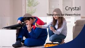 Presentation with home - Audience pleasing PPT theme consisting of tv repair - tv repairman technician repairing tv backdrop and a  colored foreground