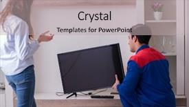  Presentation with energy efficient home - Slide set featuring tv repair - tv repairman technician repairing tv background and a  colored foreground