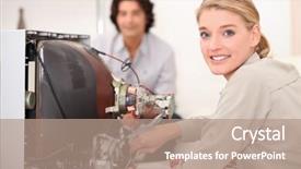  Presentation with old television set - PPT theme enhanced with tv repair - woman repairing television set background and a  colored foreground