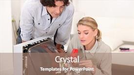  Presentation with television - Audience pleasing PPT theme consisting of tv repair - woman repairing television backdrop and a coral colored foreground