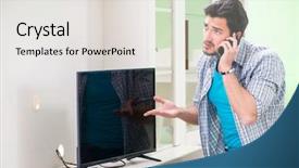  Presentation with home - Cool new presentation theme with tv repair - young man husband repairing tv backdrop and a  colored foreground