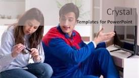  Presentation with home - Cool new PPT theme with tv-repairman-technician-repairing-tv backdrop and a light gray colored foreground