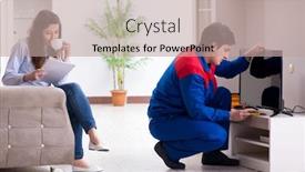  Presentation with service technician - Audience pleasing slide deck consisting of tv-repairman-technician-repairing-tv backdrop and a coral colored foreground